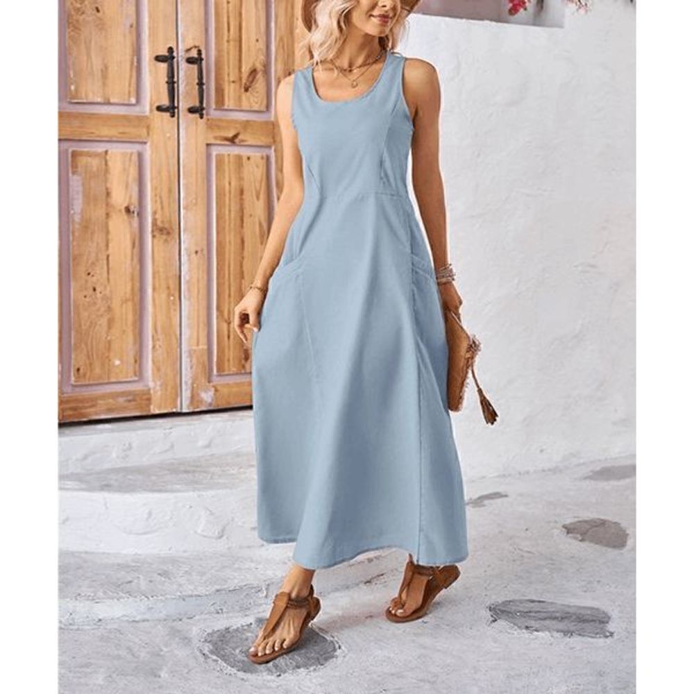 Floral Blooming Blue Pocket Sleeveless Maxi Dress L #1907-D3